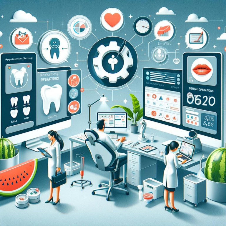 Illustration of a modern dental office with two healthcare professionals, dental equipment, and multiple floating infographics related to Dental Practice Management.
