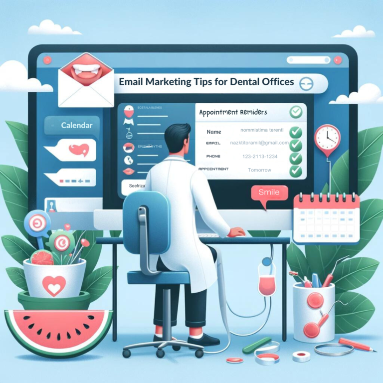Illustration of a dentist reviewing email marketing tips on a computer screen, surrounded by dental-themed icons and a watermelon slice on the desk.