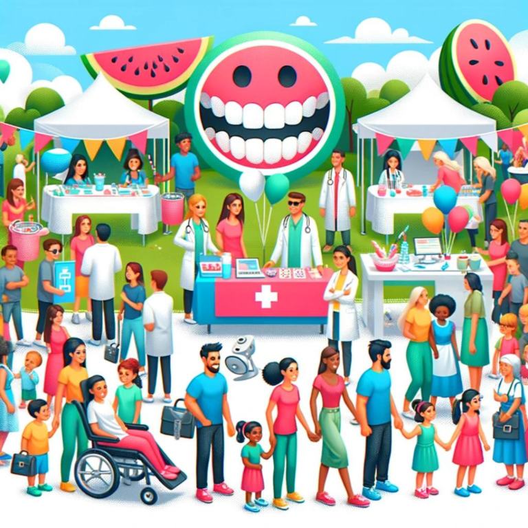Colorful illustration of a lively community health fair, aimed to promote your practice, with people of diverse ages and backgrounds engaging in various activities, featuring oversized fruit and a smiling medical emoji.