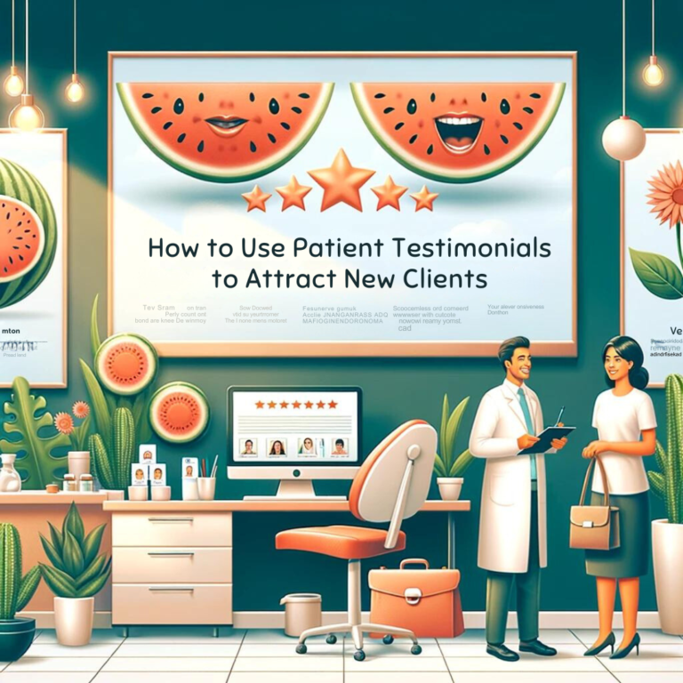 Two professionals discussing in an office decorated with plant illustrations and a large watermelon-themed advertisement about how to use patient testimonials.