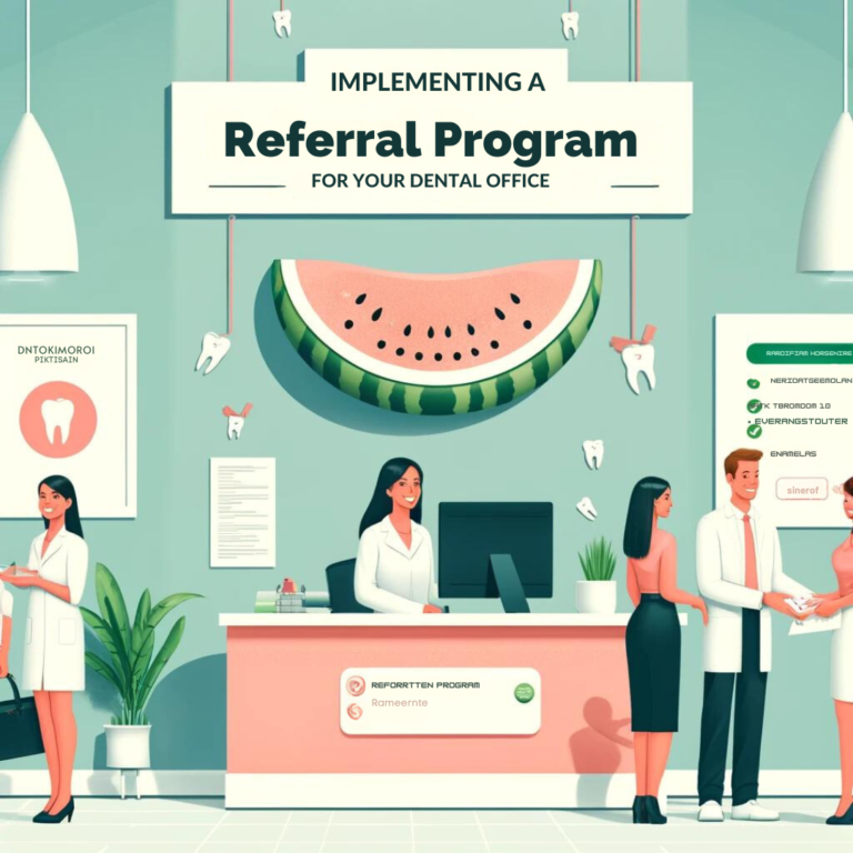 Illustration of a dental office implementing a referral program poster, featuring a vivid watermelon slice motif.