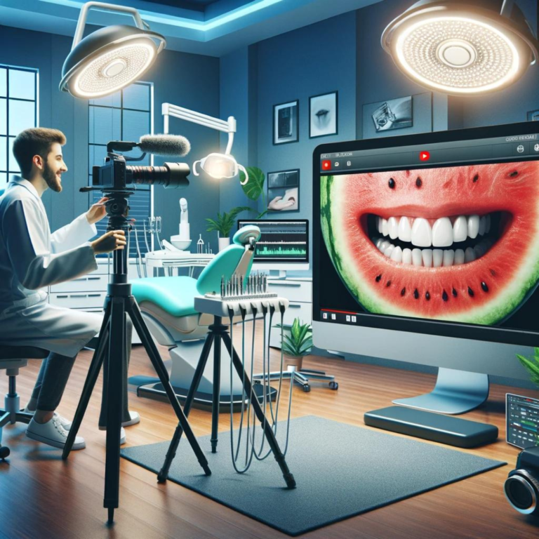 A dentist records a dental procedure for video marketing in a modern office with a camera setup focused on a screen showing a magnified image of healthy teeth.