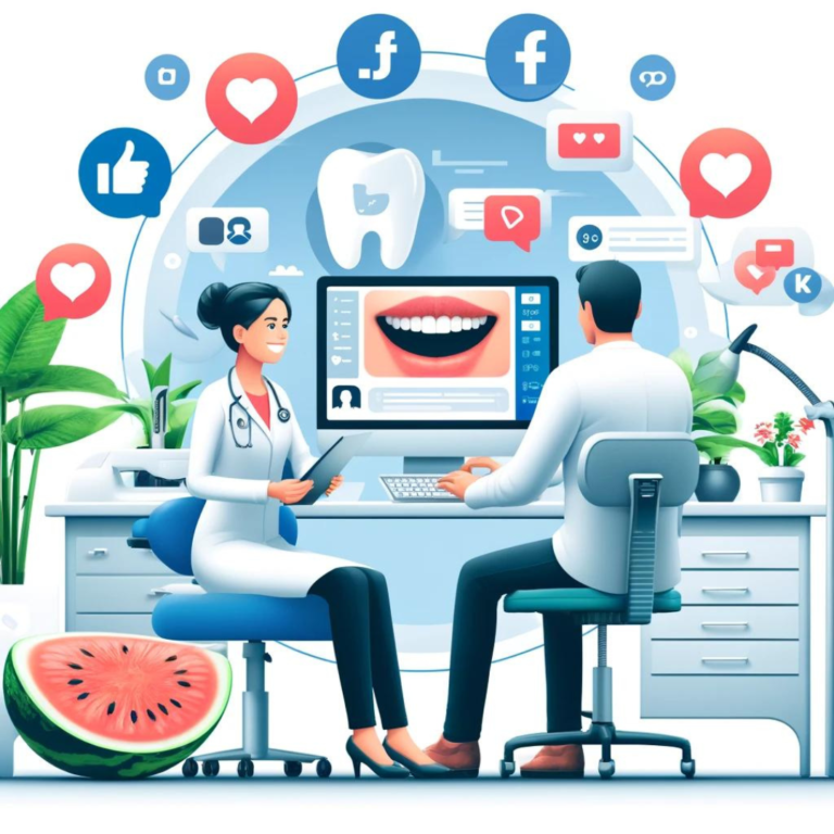 A dentist consults with a male patient in a modern office, surrounded by digital icons of dental health and social media symbols, to enhance patient engagement and emphasize technology in dental care.