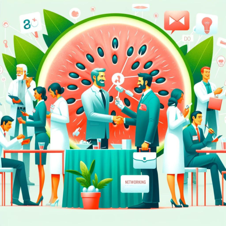 Illustration of a diverse group of dental professionals networking at a conference, set against a giant watermelon backdrop with social media icons floating above.