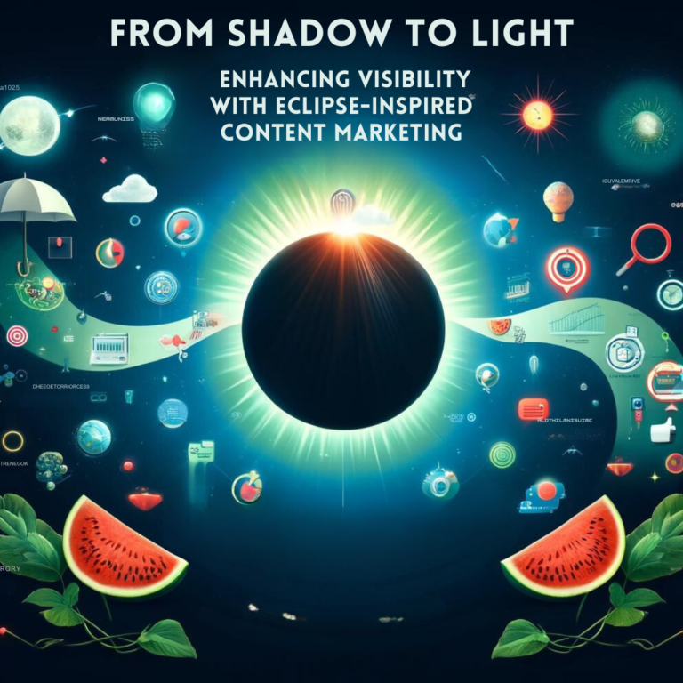 Digital collage of a solar eclipse transitioning from shadow to light, surrounded by various icons and objects representing Eclipse-Inspired Content Marketing, with watermelon slices at the bottom.