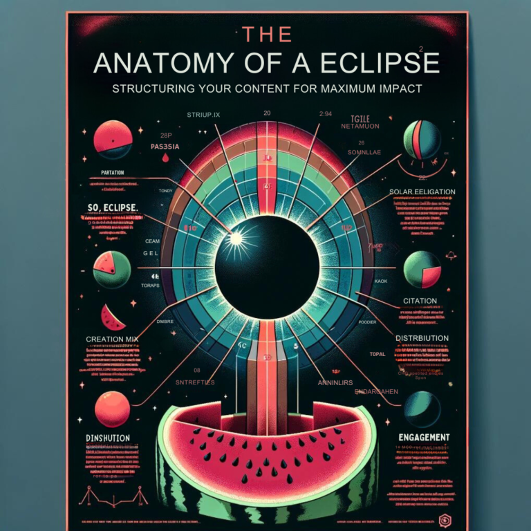 An educational poster meticulously structuring content to present "the anatomy of an eclipse" with maximum impact, using a watermelon visual metaphor to explain the different phases and types of solar and lunar eclipses.