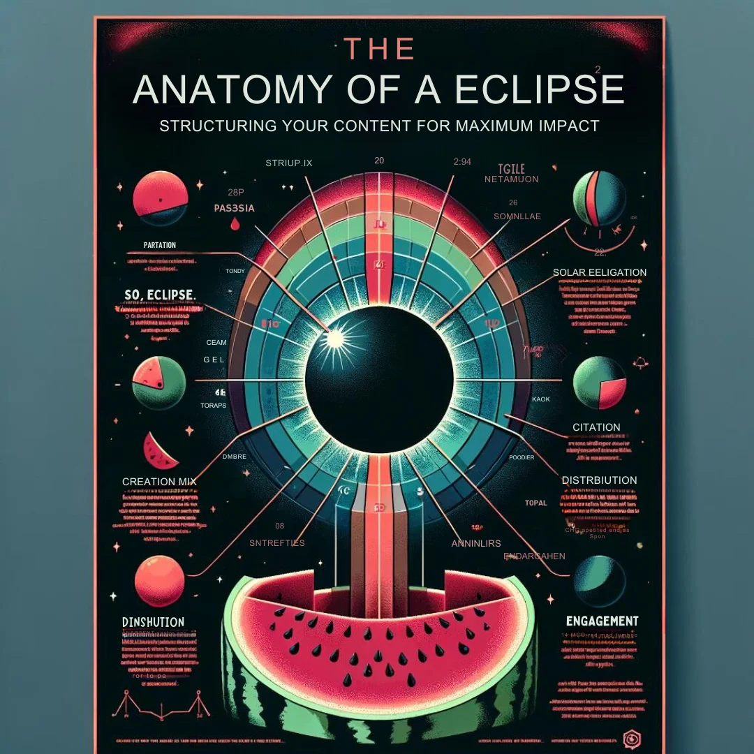 An educational poster meticulously structuring content to present "the anatomy of an eclipse" with maximum impact, using a watermelon visual metaphor to explain the different phases and types of solar and lunar eclipses.