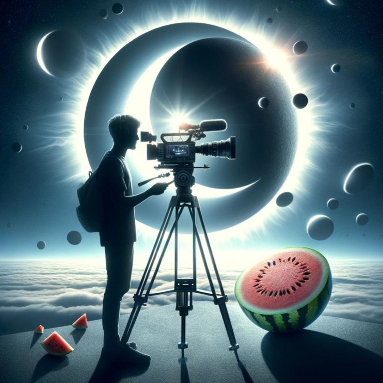 A person engaging in video production films a surreal celestial scene with a camera on a tripod, featuring an eclipse effect and multiple moons, with dramatic silhouettes of a watermelon and a slice in the