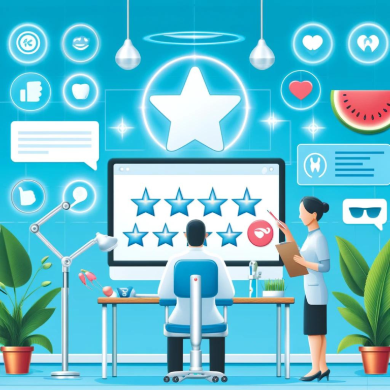 Two people in a dental practice office reviewing a five-star online review on a computer screen, surrounded by social media icons and digital technology elements.