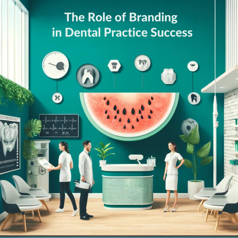 Three healthcare professionals in a modern dental practice with vibrant green walls and dental-themed decor discussing branding strategies for dental practice success.