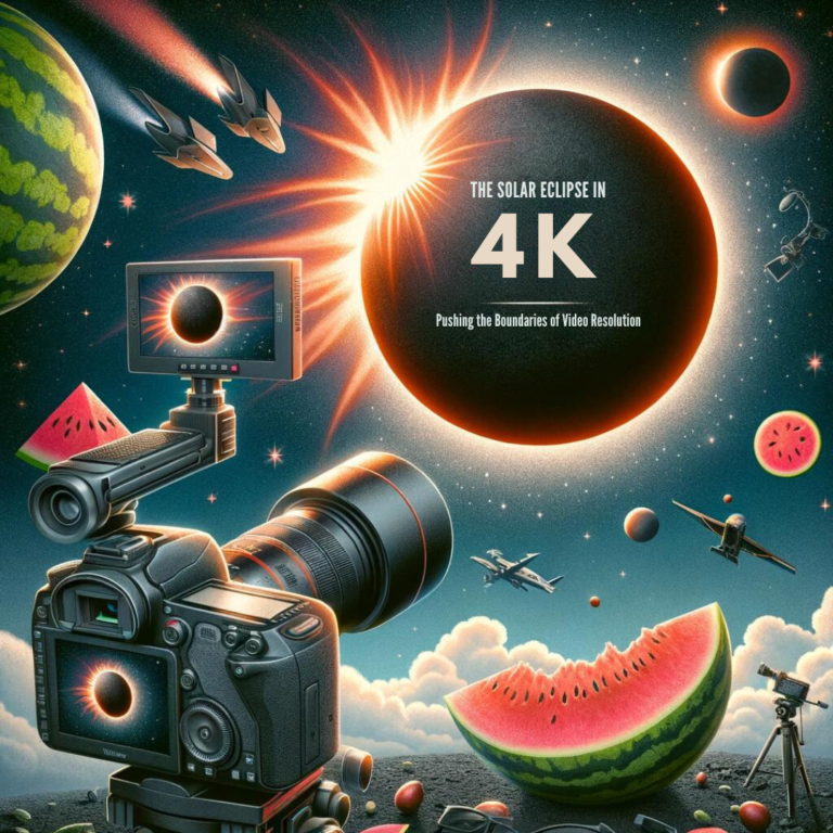 A vibrantly colored conceptual artwork promoting "the Solar Eclipse in 4K," highlighting advanced video resolution with space-themed elements and watermelon slices.