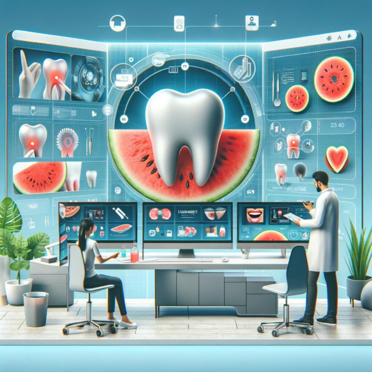 Two dentists analyze dental health data on digital signage in a modern office with diagrams of teeth and fruit.