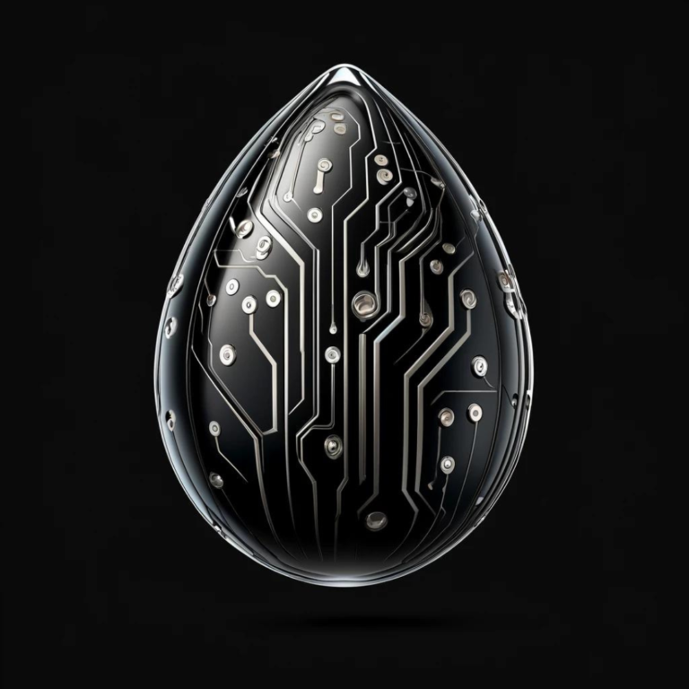 A sleek, black egg-shaped object with a metallic, circuit board-like pattern on its surface, designed for AI training, set against a dark background.