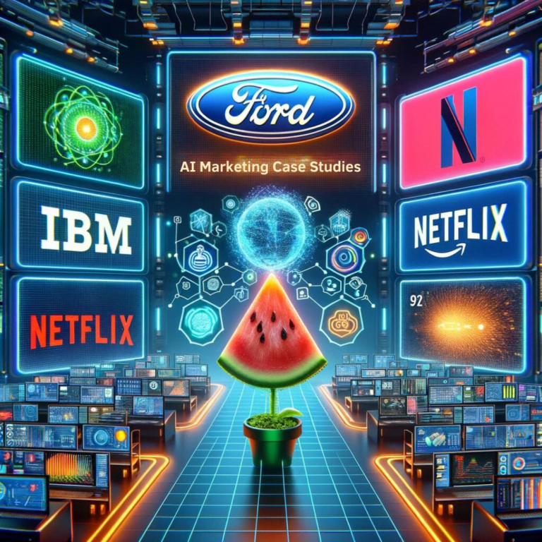 Vibrant digital room with neon signs of major brands like Ford, IBM, and Netflix, featuring a levitating watermelon above a cactus, surrounded by futuristic AI marketing data and icons.