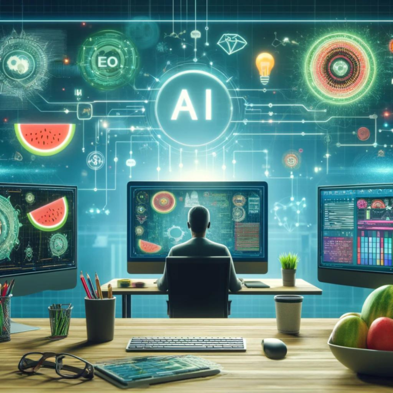 A person sitting at a desk, facing multiple monitors displaying vibrant graphics and AI content generation concepts, in a high-tech, illuminated workspace.