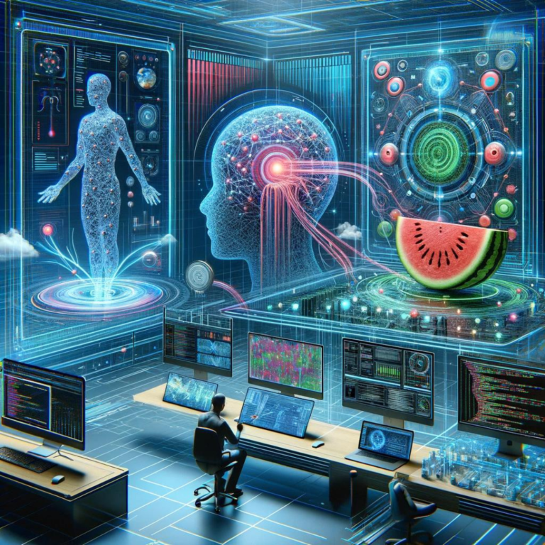 Futuristic control room with a person analyzing holographic displays of a human body, brain, and a watermelon using ChatGPT, surrounded by various data screens.