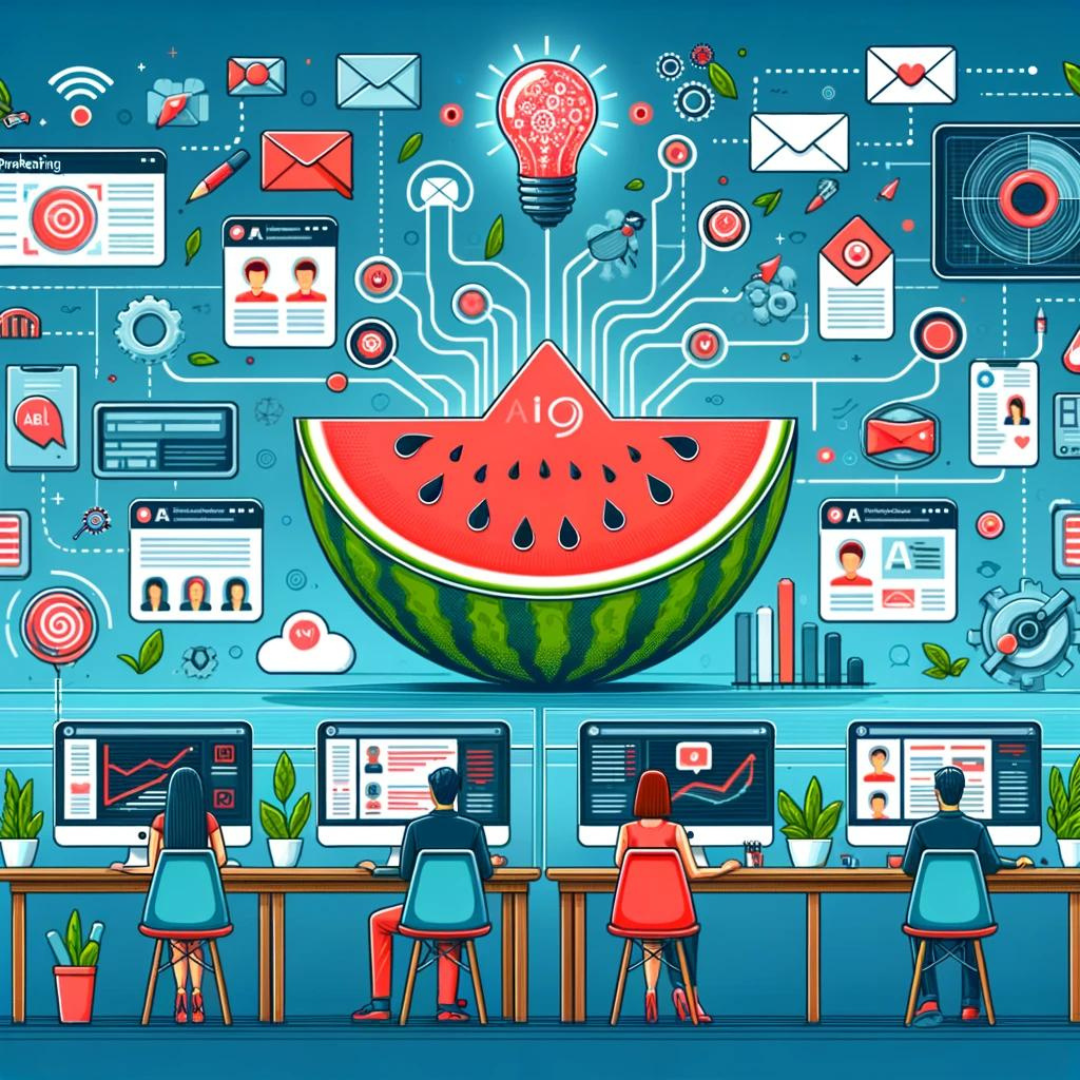 Illustration of people at desks working on computers, surrounded by floating icons related to communication and technology. A large watermelon with a light bulb above it appears central in the background, symbolizing innovative AI-driven marketing messages and personalized experiences.