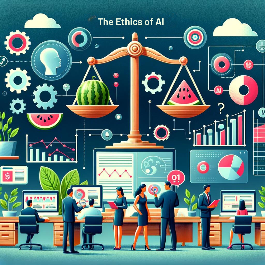 Illustration titled "The Ethics of AI" showing people working on computers, scales with watermelon segments, and various charts and gears symbolizing data and technology, emphasizing efficiency with responsibility.