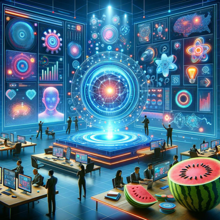 Futuristic command center with people working at stations, surrounded by holographic displays and digital interfaces focused on AI transforming digital marketing, featuring a prominent central hologram and sliced watermelons in the foreground