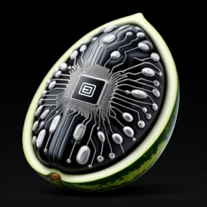A digital artwork of a watermelon cut in half, revealing a black, intricate electronic circuit board pattern inside, crafted for AI Training, set against a dark background.