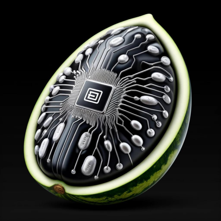 A digital artwork of a watermelon cut in half, revealing a black, intricate electronic circuit board pattern inside, crafted for AI Training, set against a dark background.