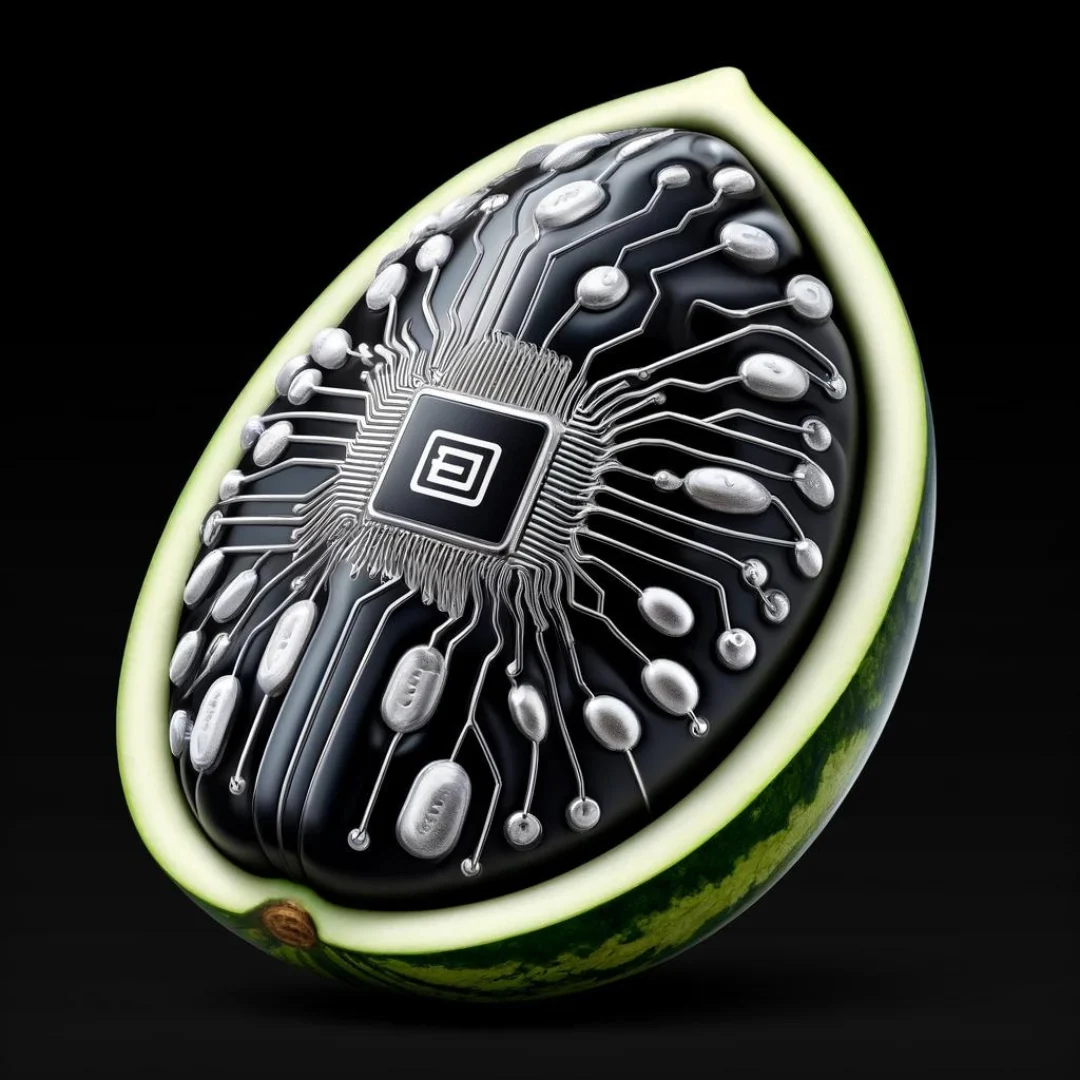 A digital artwork of a watermelon cut in half, revealing a black, intricate electronic circuit board pattern inside, crafted for AI Training, set against a dark background.