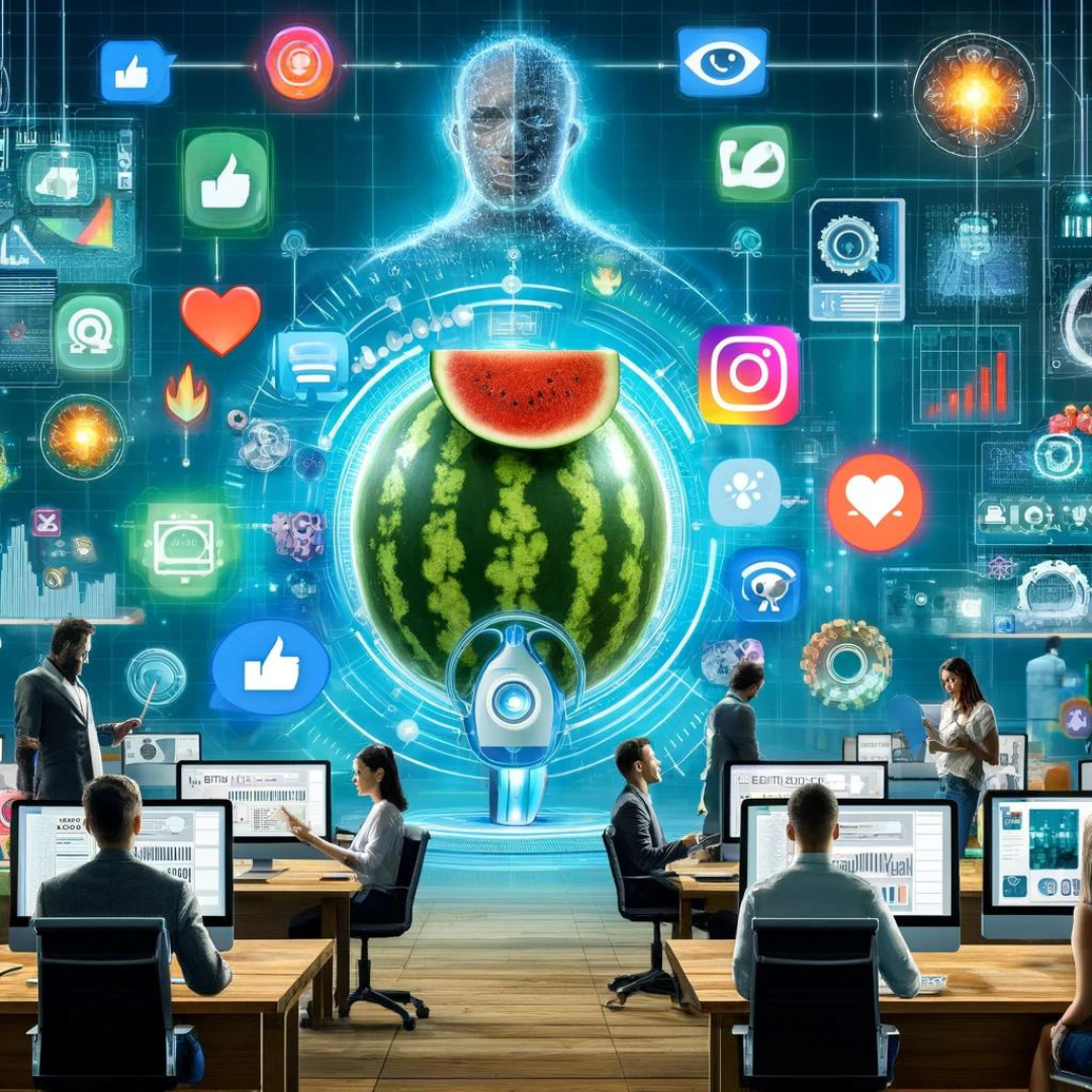 A digital illustration depicts people working on computers with a large holographic watermelon and various social media icons displayed on screens in a futuristic setting, showcasing the seamless integration of AI-driven visual recognition within the realm of social media marketing.