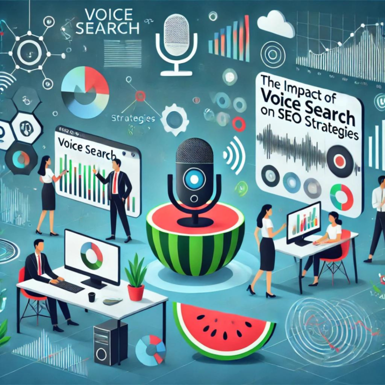 Illustration shows people working with graphs and charts related to voice search and SEO strategies. Central focus is a large microphone symbol, with text "The Impact of Voice Search on SEO Strategies." Integrated seamlessly into the scene are elements of content marketing plans.