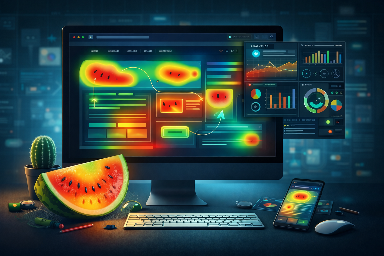A computer screen displays a heatmap on a website interface, surrounded by tools for effective web design: a keyboard, mouse, smartphone, charts, a cactus, and a sliced watermelon on the desk.