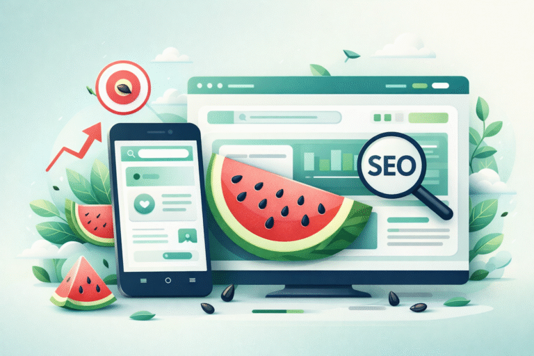 Illustration of a smartphone and computer screen displaying website data, watermelon graphics, and a magnifying glass labeled "SEO," symbolizing digital marketing, Mobile SEO, and enhanced User Experience.