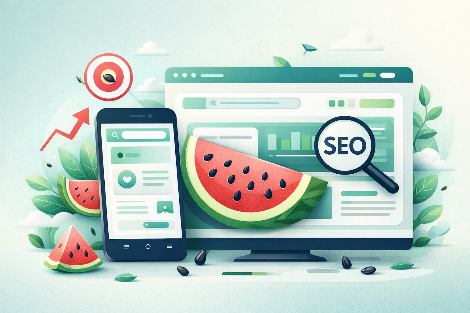Illustration of a smartphone and computer screen displaying website data, watermelon graphics, and a magnifying glass labeled "SEO," symbolizing digital marketing, Mobile SEO, and enhanced User Experience.