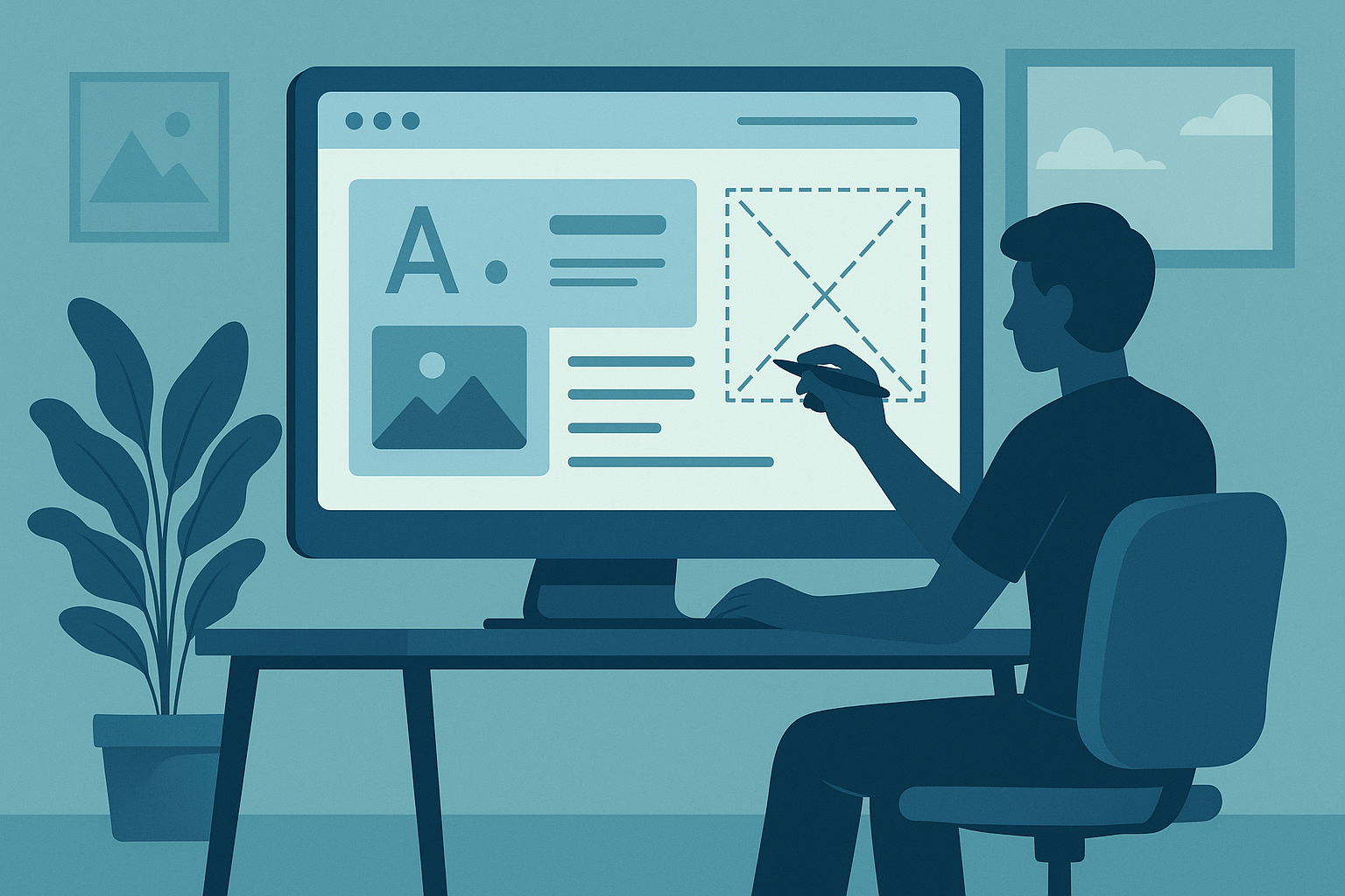 Person sitting at a desk using a stylus to design a website layout on a computer screen, showcasing Web Design Basics amid plants and framed pictures in the background—a scene of creative skills transformation.