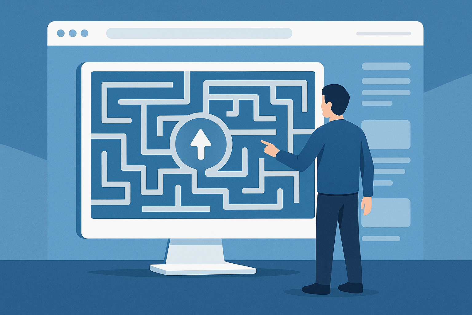 A person stands in front of a large computer screen displaying a digital maze with an arrow pointing upward in the center, symbolizing website navigation challenges.