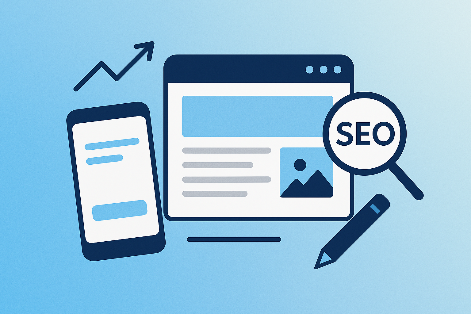 Illustration of a smartphone and desktop screen, with a magnifying glass labeled "SEO," an upward arrow, and a pencil—highlighting SEO concepts, web design, and the importance of mobile optimization.