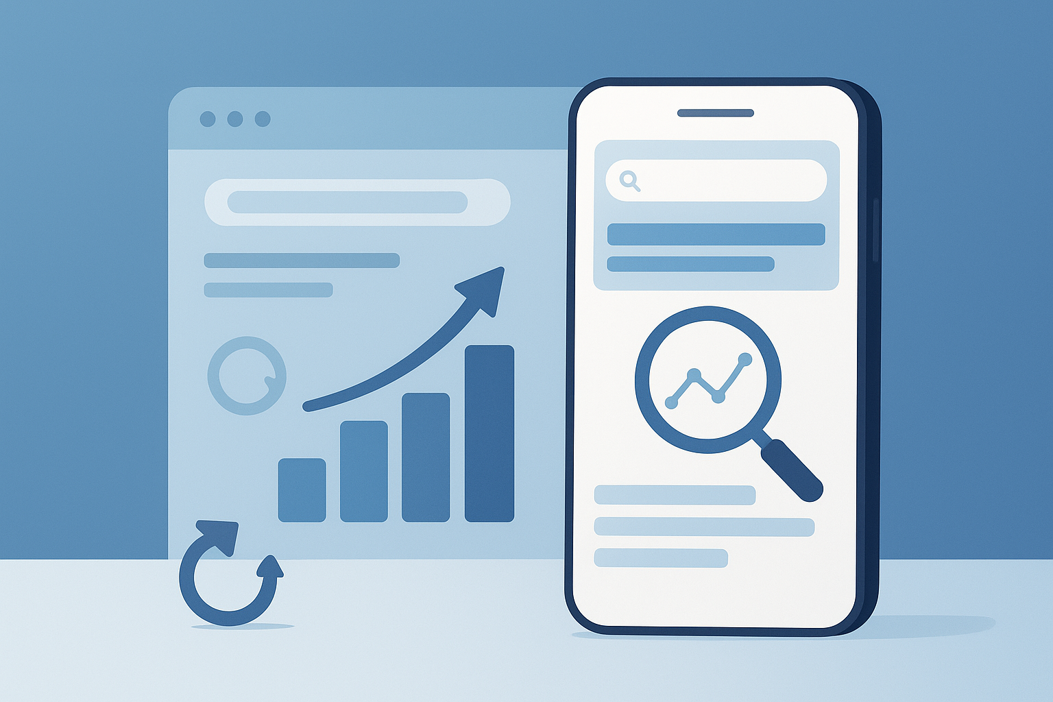 Illustration of a smartphone and computer screen displaying data charts, graphs, and a magnifying glass, symbolizing data analysis or business growth—perfect for content about SEO for Mobile Platforms or redefining web design strategies.