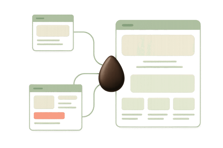 A brown egg is connected by thin lines to three stylized web page illustrations, each with boxes representing website content and highlighting Web Design Trends.