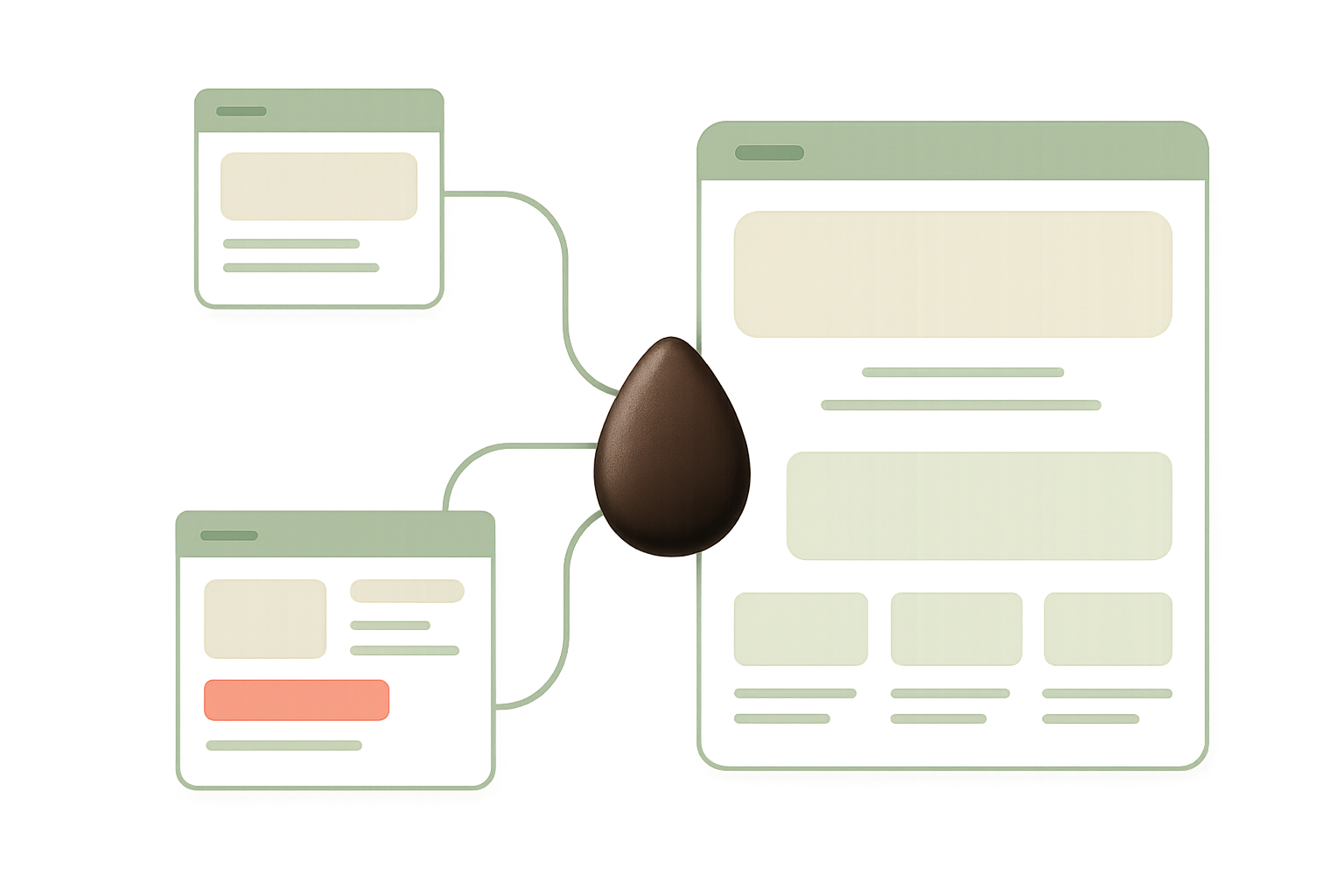 A brown egg is connected by thin lines to three stylized web page illustrations, each with boxes representing website content and highlighting Web Design Trends.