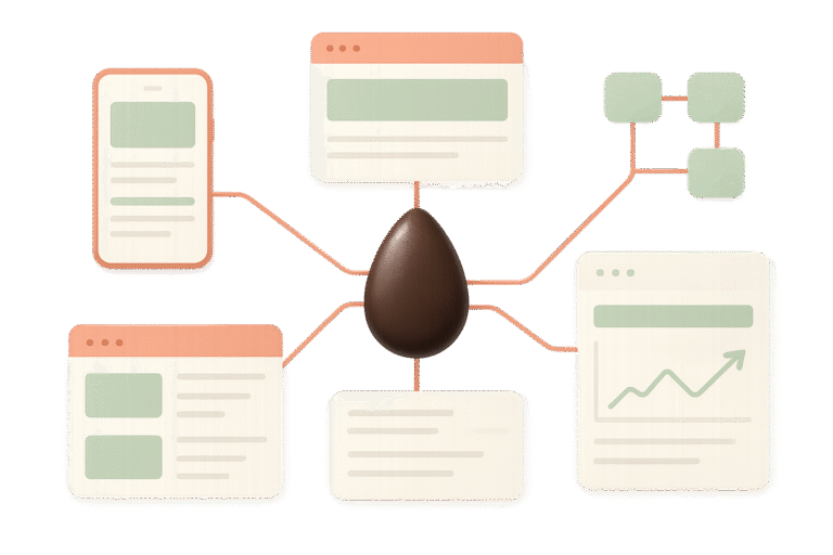 A dark brown egg is centered with orange lines connecting it to illustrated screens, a mobile device, data chart, and flowchart, symbolizing a central hub for digital information powered by a mobile-first approach and innovative web design.
