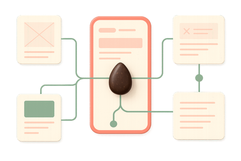 A diagram with a chocolate egg at the center, surrounded by connected cards illustrating wireframe layouts and text blocks, representing the future of web design and digital workflows optimized for Mobile SEO.