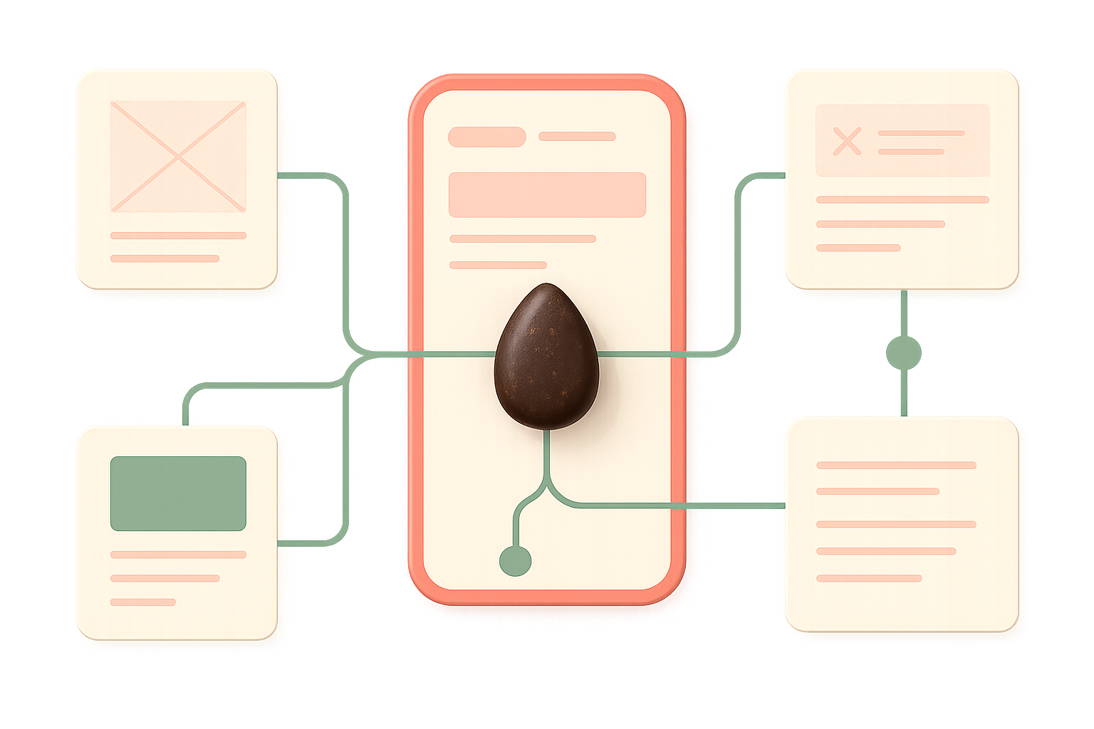 A diagram with a chocolate egg at the center, surrounded by connected cards illustrating wireframe layouts and text blocks, representing the future of web design and digital workflows optimized for Mobile SEO.