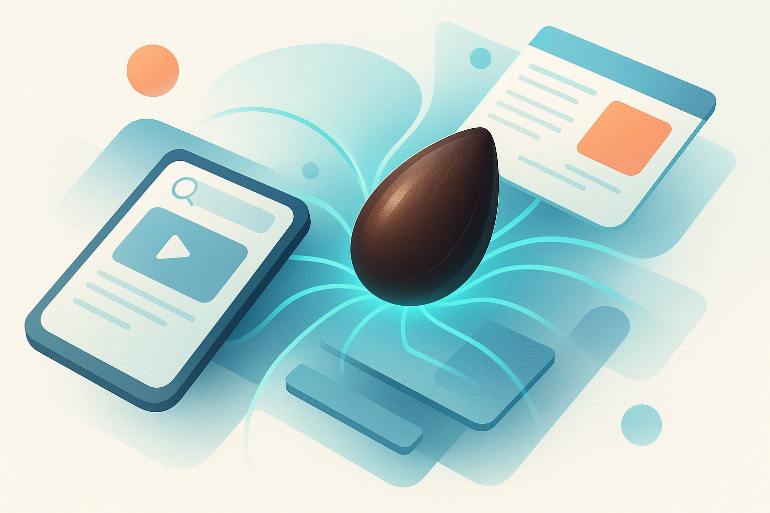 A stylized dark seed at the center radiates lines, surrounded by floating digital screens and abstract colored shapes in a light, modern design, symbolizing enhancing web design for improved Mobile SEO.