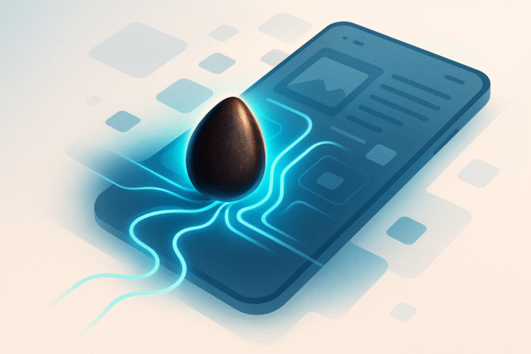 A stylized illustration shows a dark egg-shaped object connected by glowing blue lines to a smartphone screen, highlighting abstract interface elements and inspiring web designers to explore innovative mobile SEO strategies.
