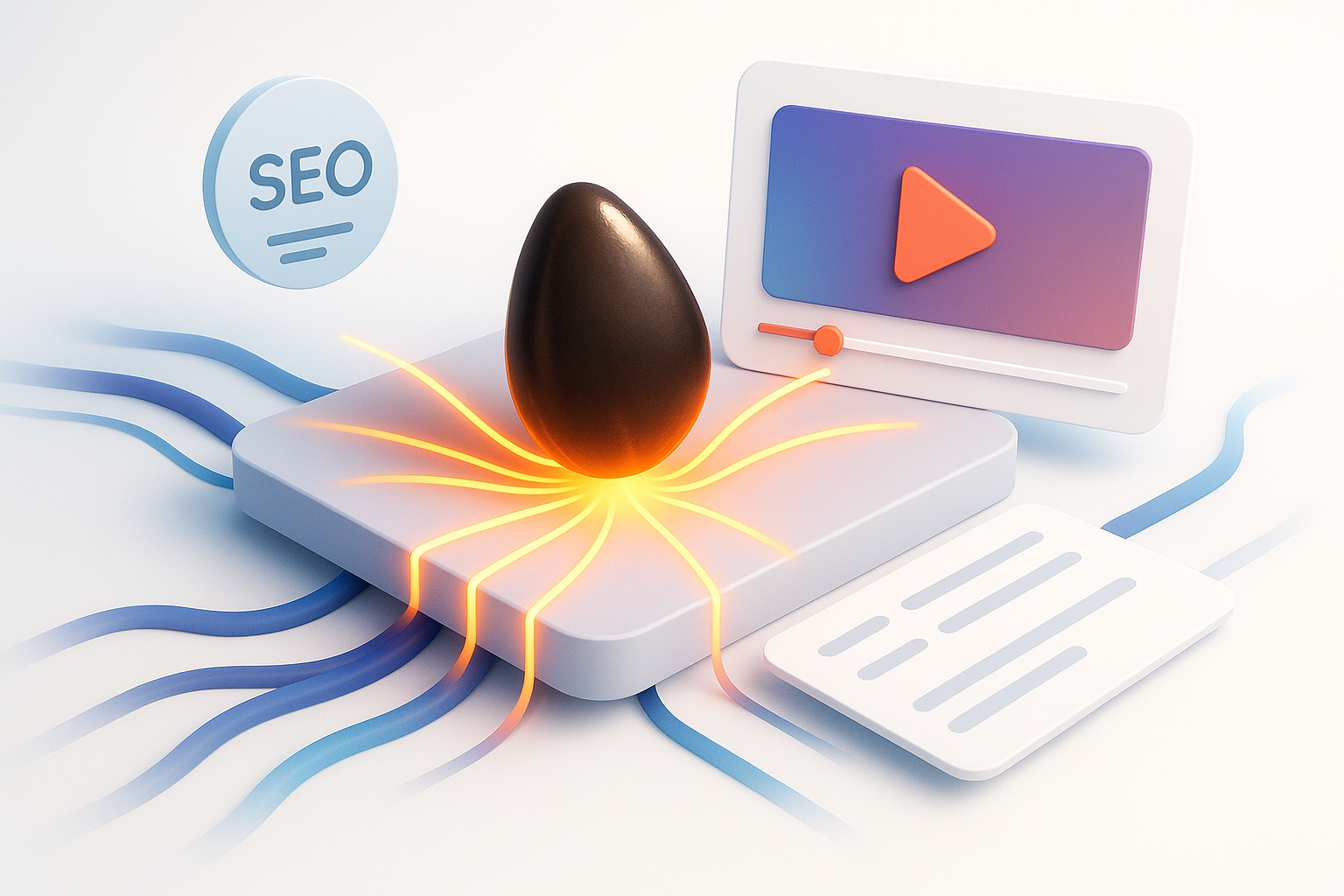 A dark egg on a lit platform is surrounded by icons for SEO, a video player, and a document—orange and blue lines connecting them—illustrating how marketing professionals are optimizing video for SEO amid emerging dental marketing trends.