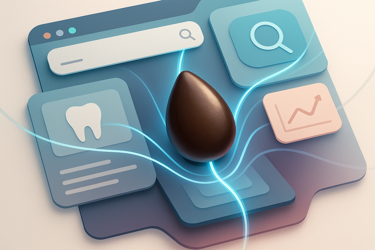 A digital illustration shows a chocolate egg at the center, surrounded by icons for search, dental care, and analytics—highlighting dental marketing trends and the AI impact on search engine optimization—all connected by glowing blue lines.