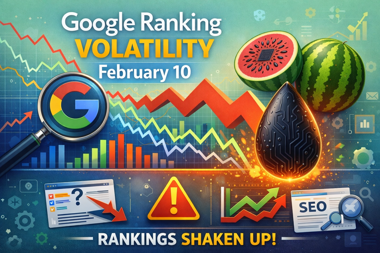 Illustration showing Google search ranking volatility during the February 10 Google update, with charts, warning signs, SEO icons, and fruit to highlight fluctuating online rankings.