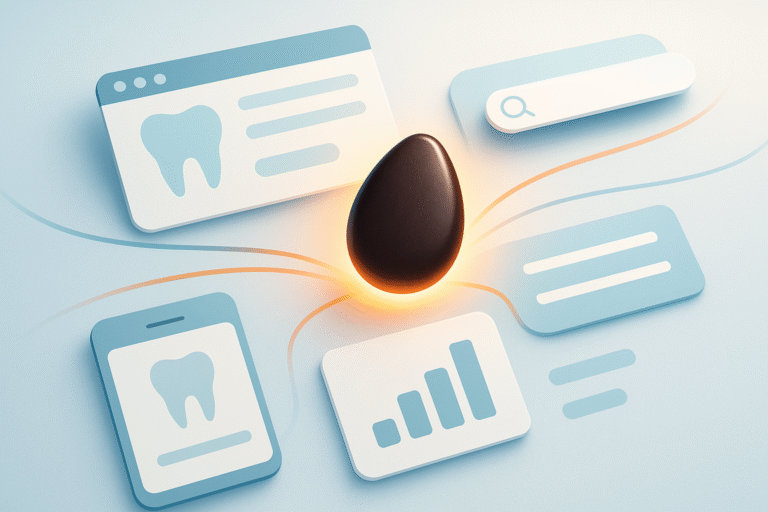 A black egg-shaped object is centered among digital dental icons, charts, and search bars on a light blue background, visually highlighting best practices for dental web design.
