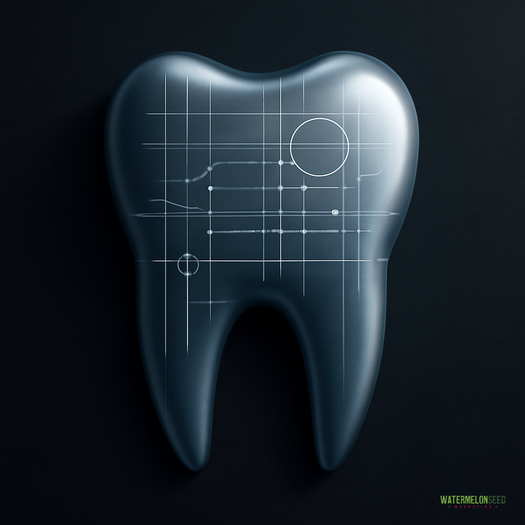A shiny tooth with white geometric lines and circles drawn on its surface, resembling a technical blueprint and highlighting best practices for dental web design, set against a dark background.