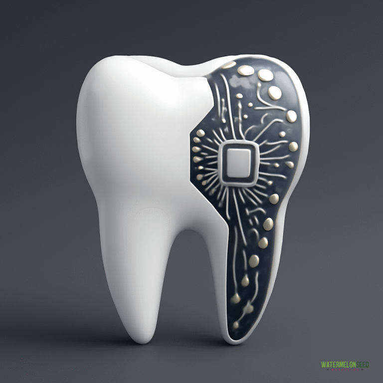 A white tooth with a black section featuring circuit-like patterns and metallic nodes, symbolizing dental technology or a smart tooth inspired by best practices for dental web design.