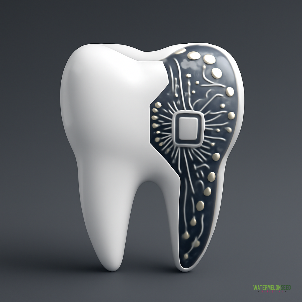 A white tooth with a black section featuring circuit-like patterns and metallic nodes, symbolizing dental technology or a smart tooth inspired by best practices for dental web design.