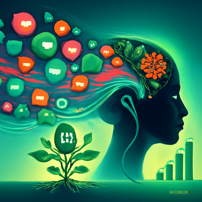 A silhouette of a human head with a brain filled with colorful shapes, connected to a plant and glowing bar graphs, using visual branding techniques to represent growth and knowledge.